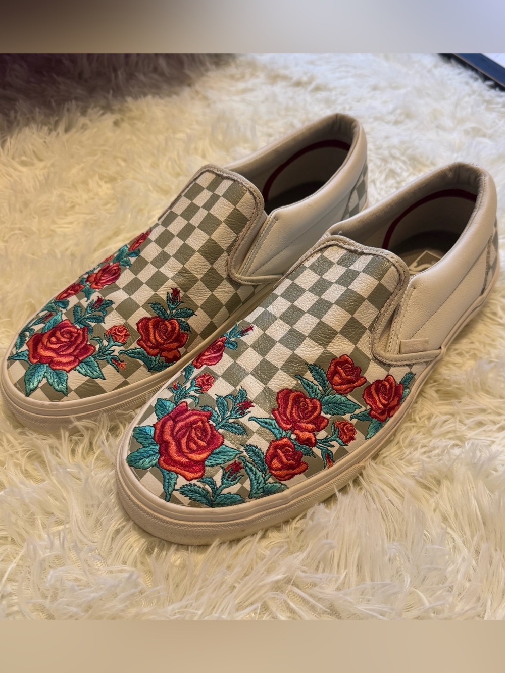 Vans Embroidered Rose Checkerboard Slip-On Sneakers